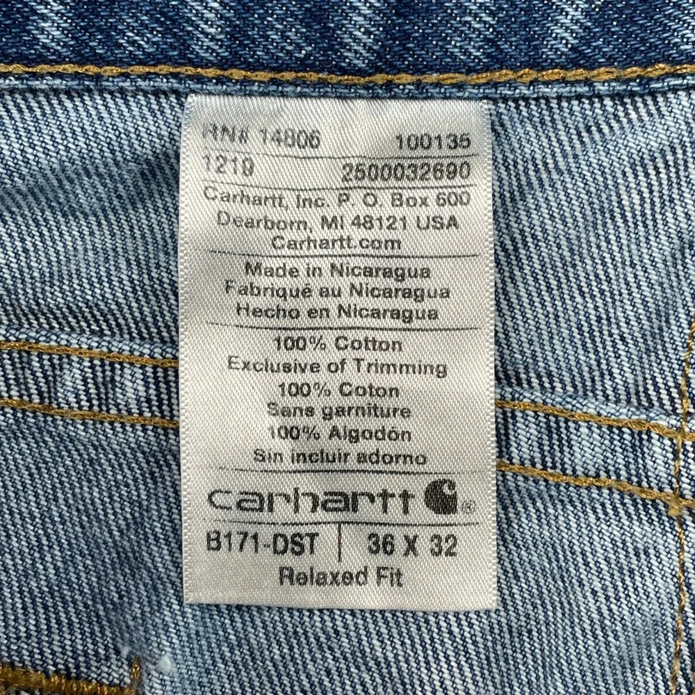 Carhartt Jeans Mens 36x32 Blue B171-DST Relaxed Fit Carpenter Work Denim